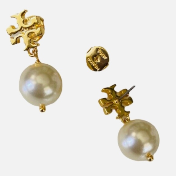 NEW Tory Burch Gold T-Logo Swarovski Pearl Drop Earrings NWT $135 - Picture 5 of 6
